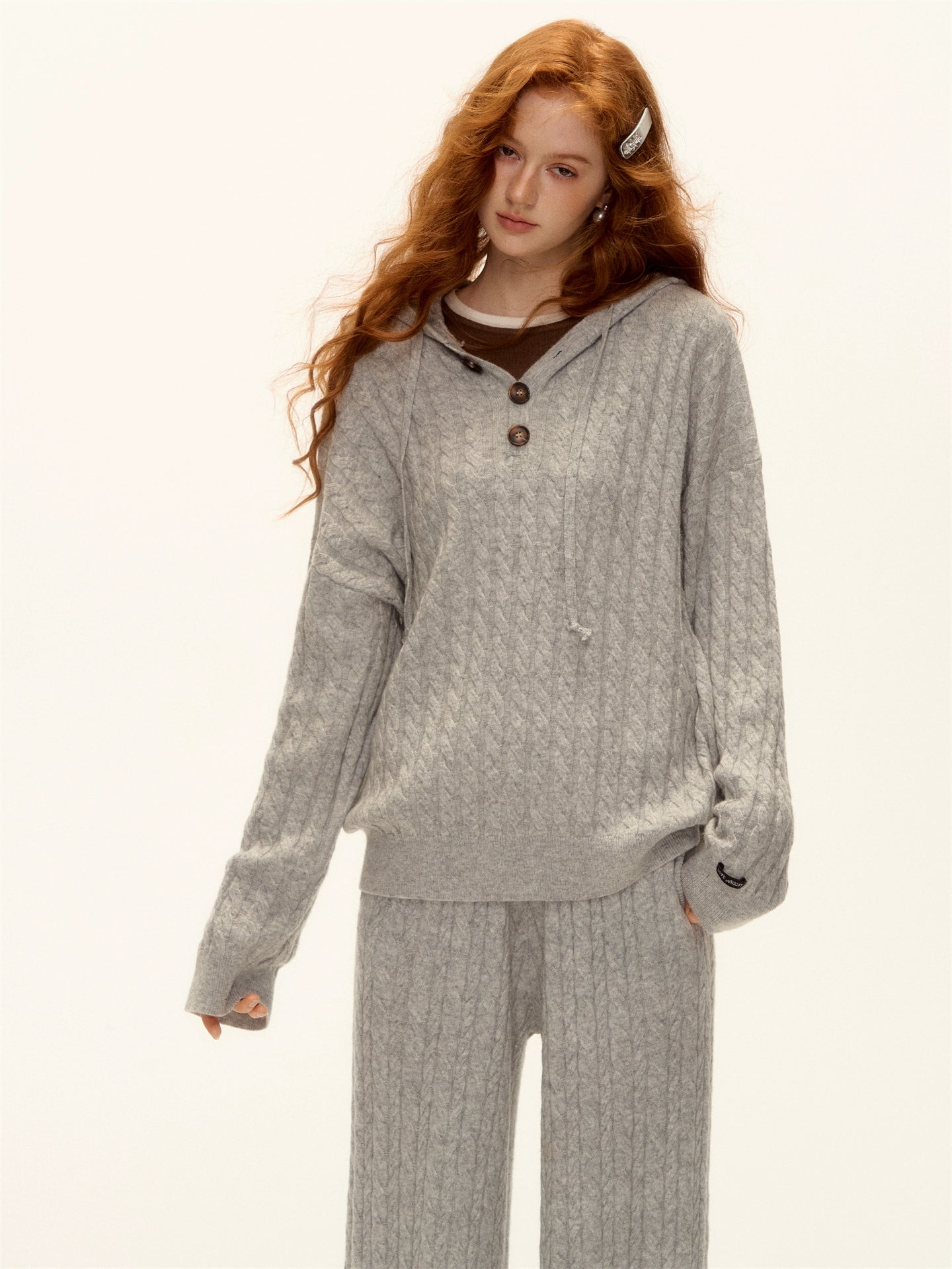 Wool Blend Cable Knit Hoodie & Wide-Leg Pants Set