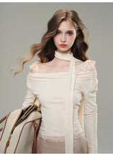 (Final Sale) White & Black Off-Shoulder Lace Knit Crewneck - CHINASQUAD