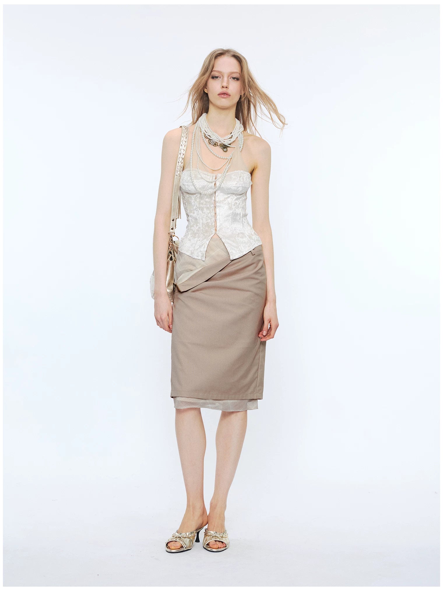 Deconstructed Check Patchwork Straight Midi Skirt