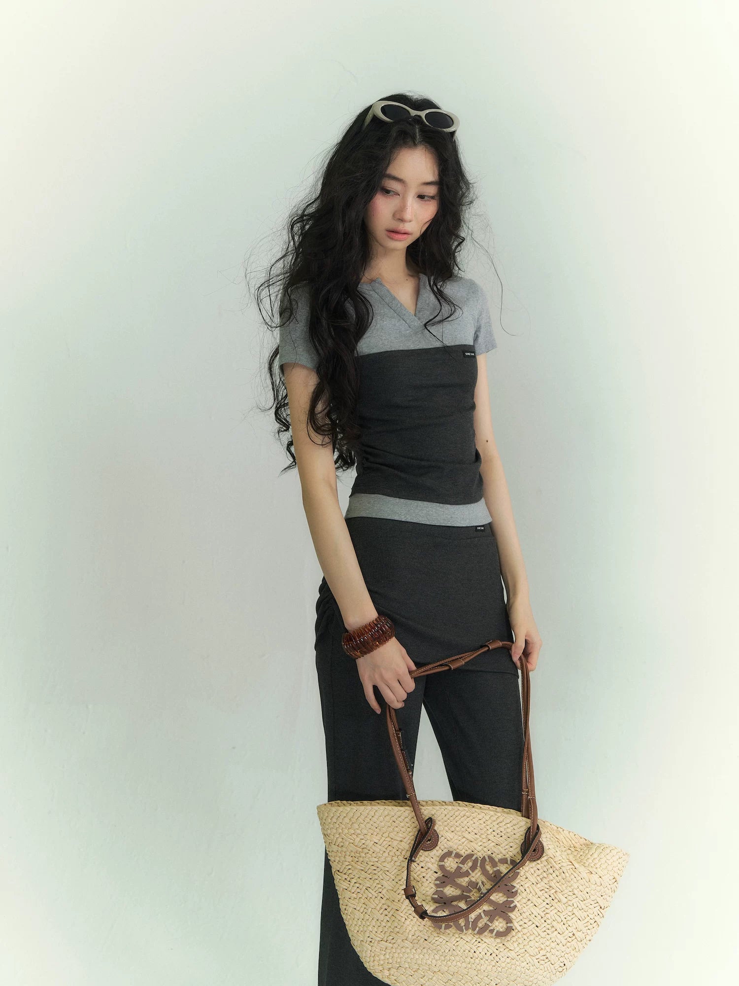 Layered Bandeau-Effect V-Neck Short Sleeve Top & Ruched Panel Lounge Flared Pants Set