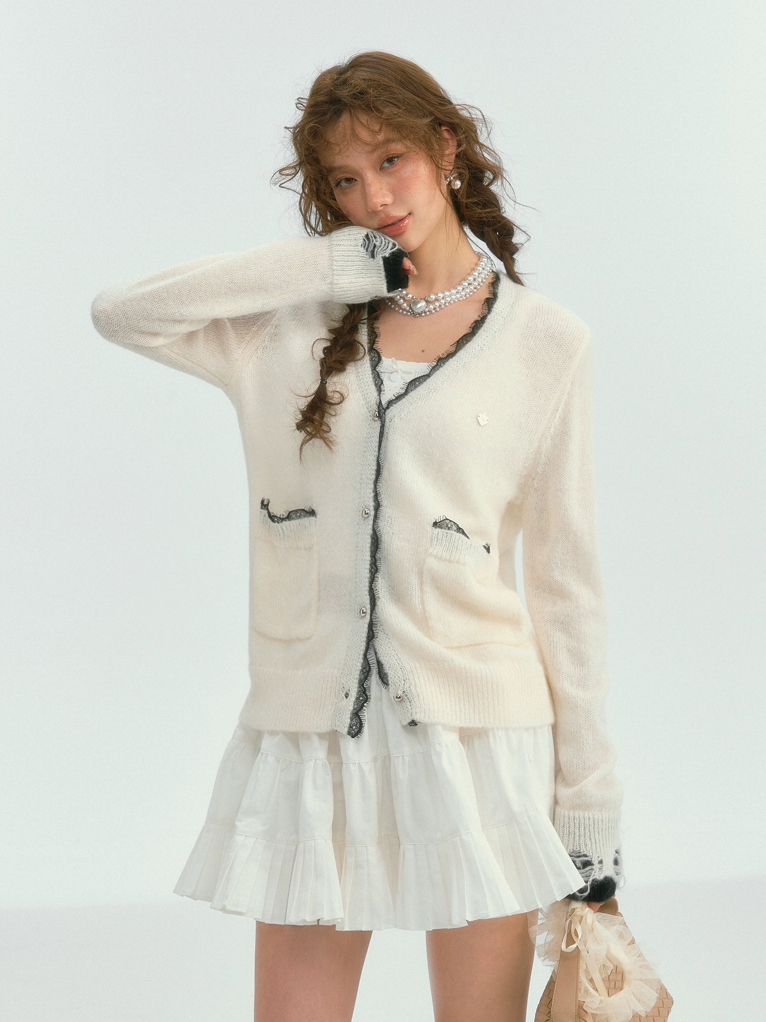 Color-Blocked Lace Trim Cardigan - CHINASQUAD