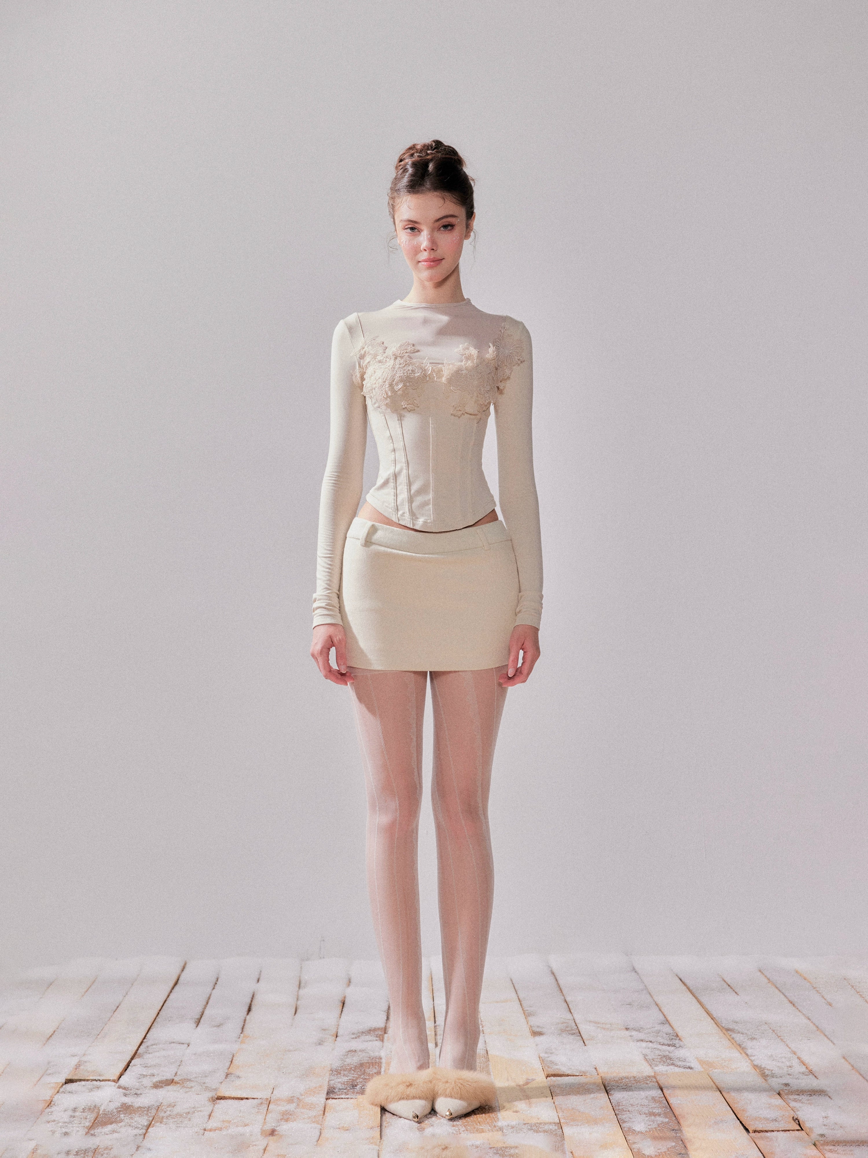 Pine Cream Lace Thermal Knit Top & Skirt Set