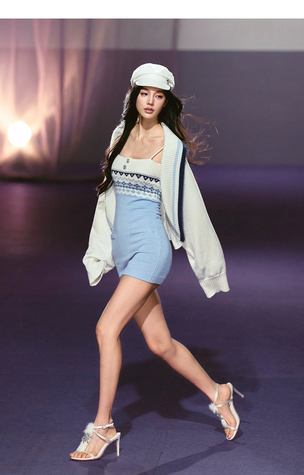 Asymmetrical Strap Top & Fair Isle Knit Cardigan Set