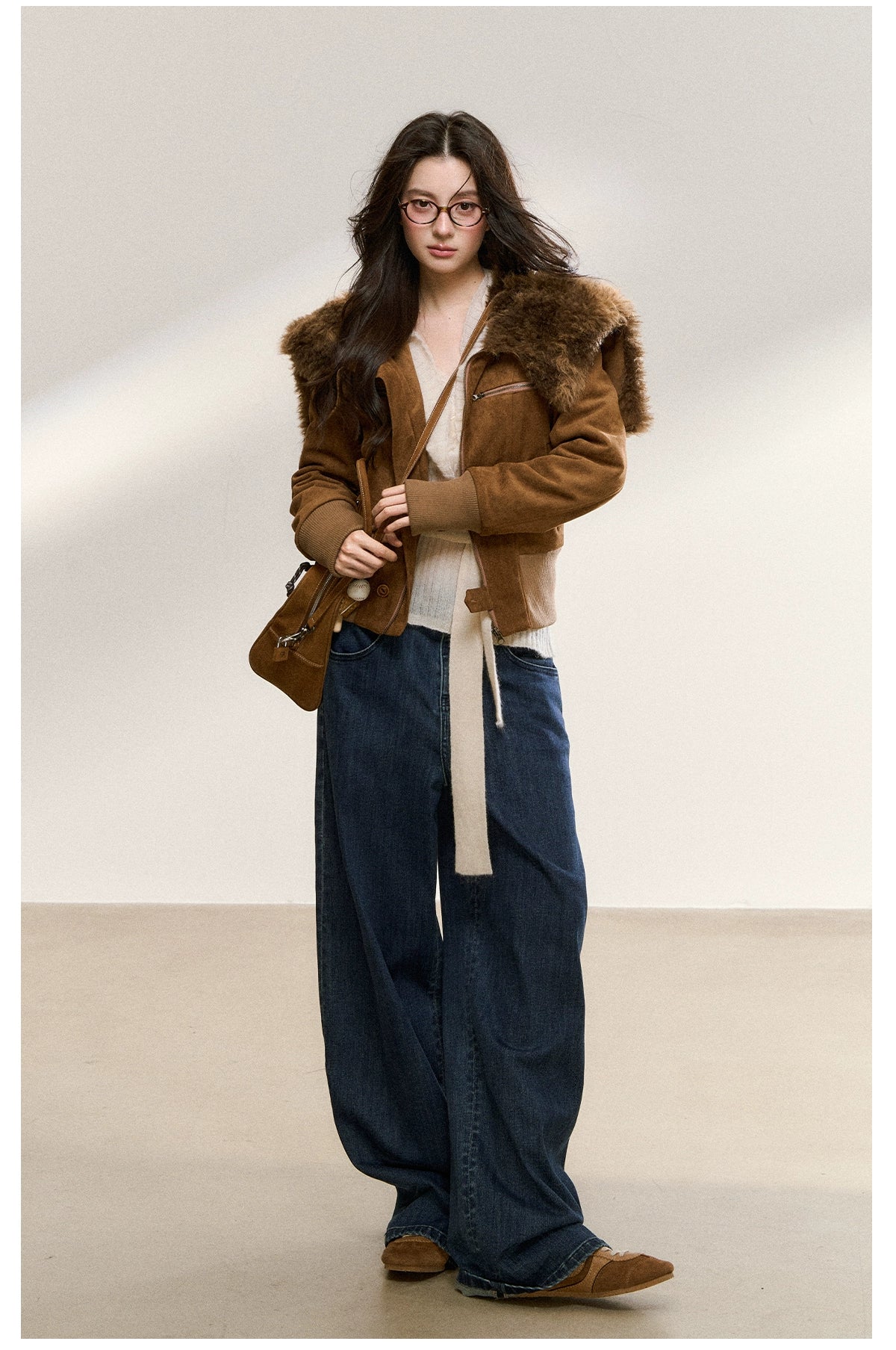 Mahogany Faux Fur Collar Suede Cropped Jacket - CHINASQUAD