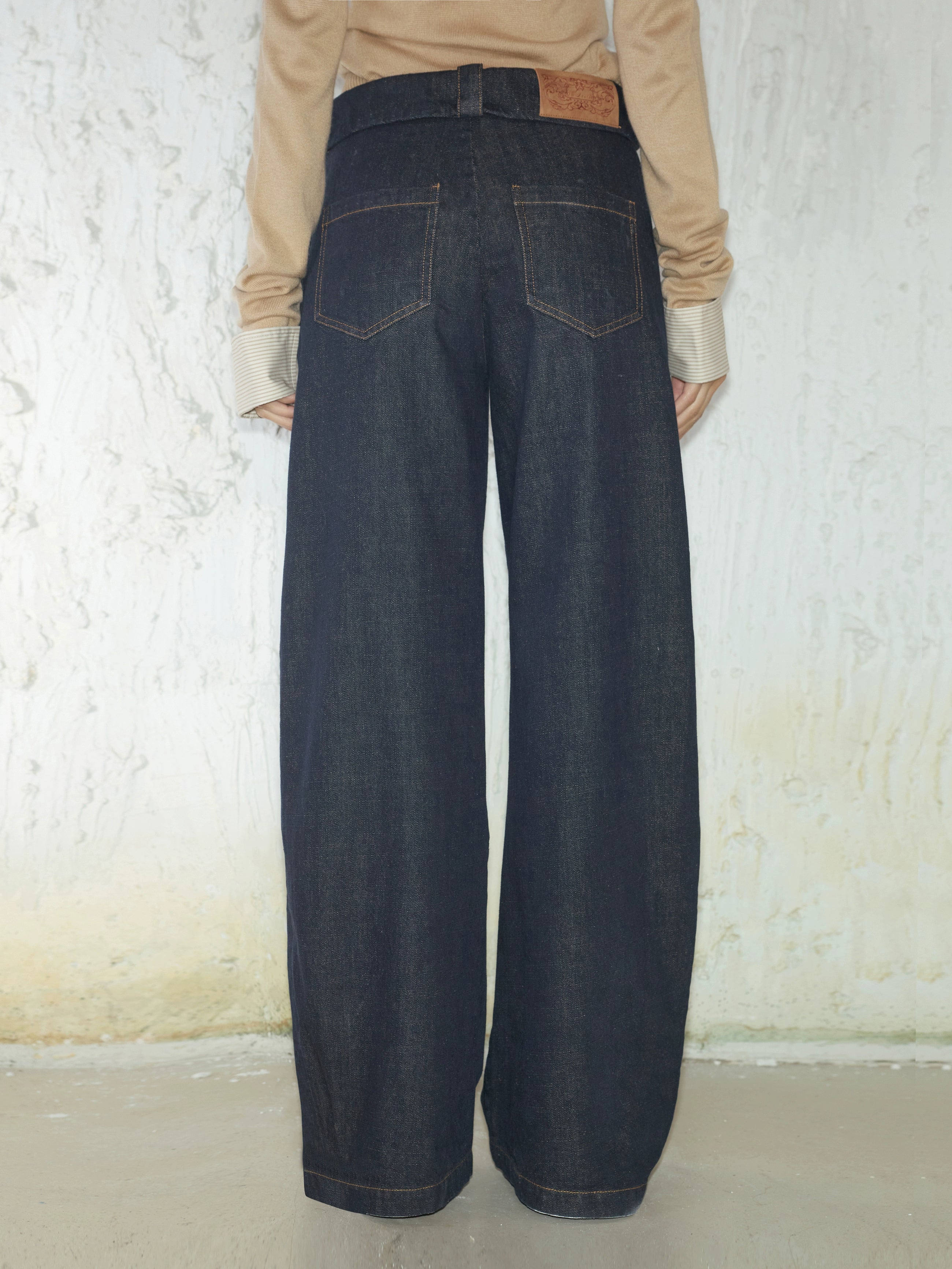 Irregular Folded-Waist Wide-Leg Trousers