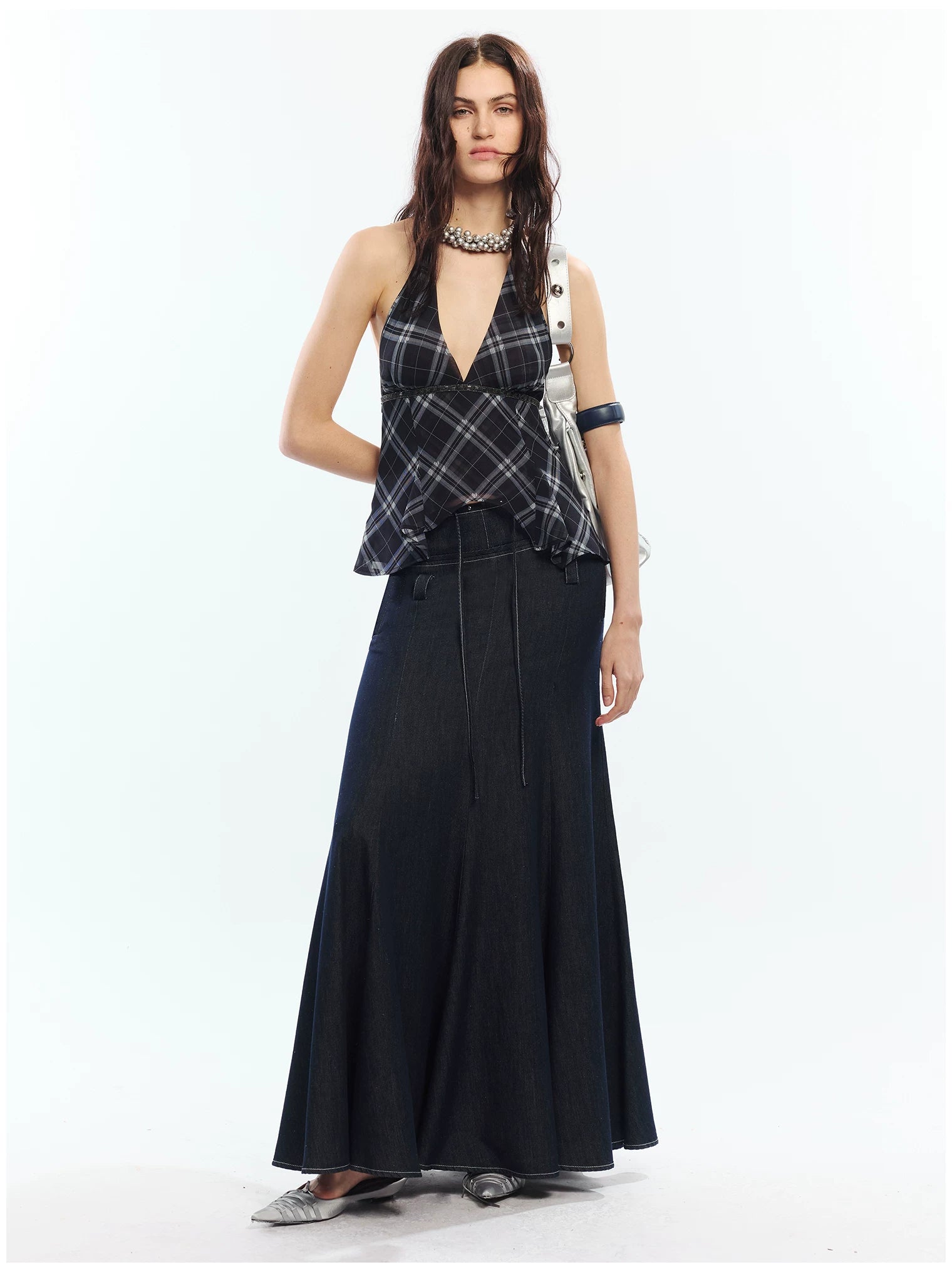 Lyocell Denim Rivet-Detail Fishtail Maxi Skirt