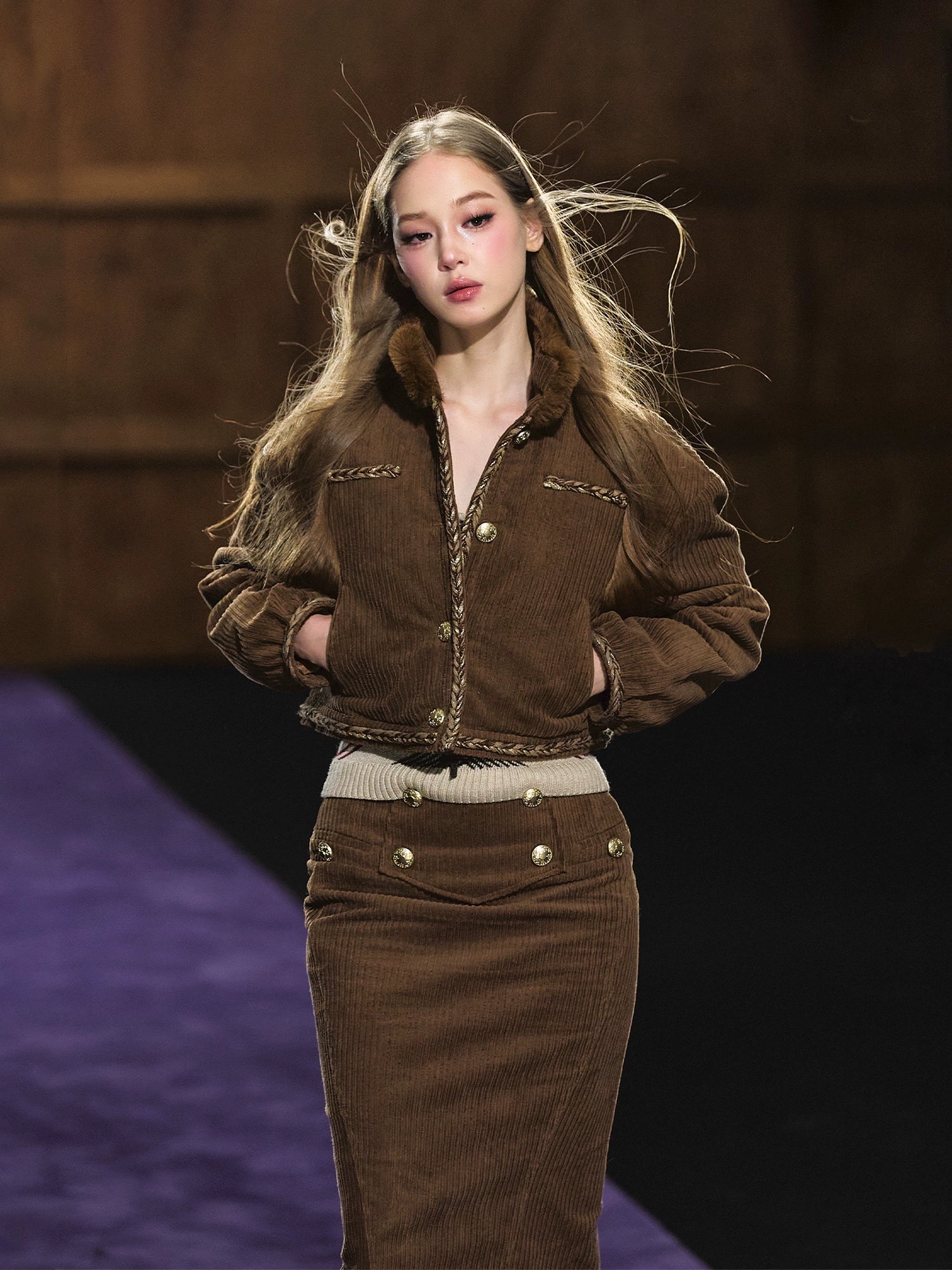 Corduroy Fur-Collar Jacket & Skirt Set