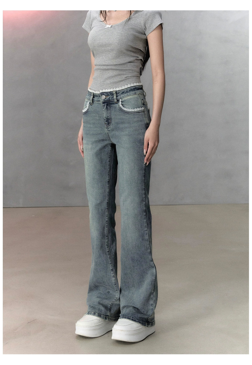 Light Blue Lace Patchwork Embroidered Jeans - CHINASQUAD