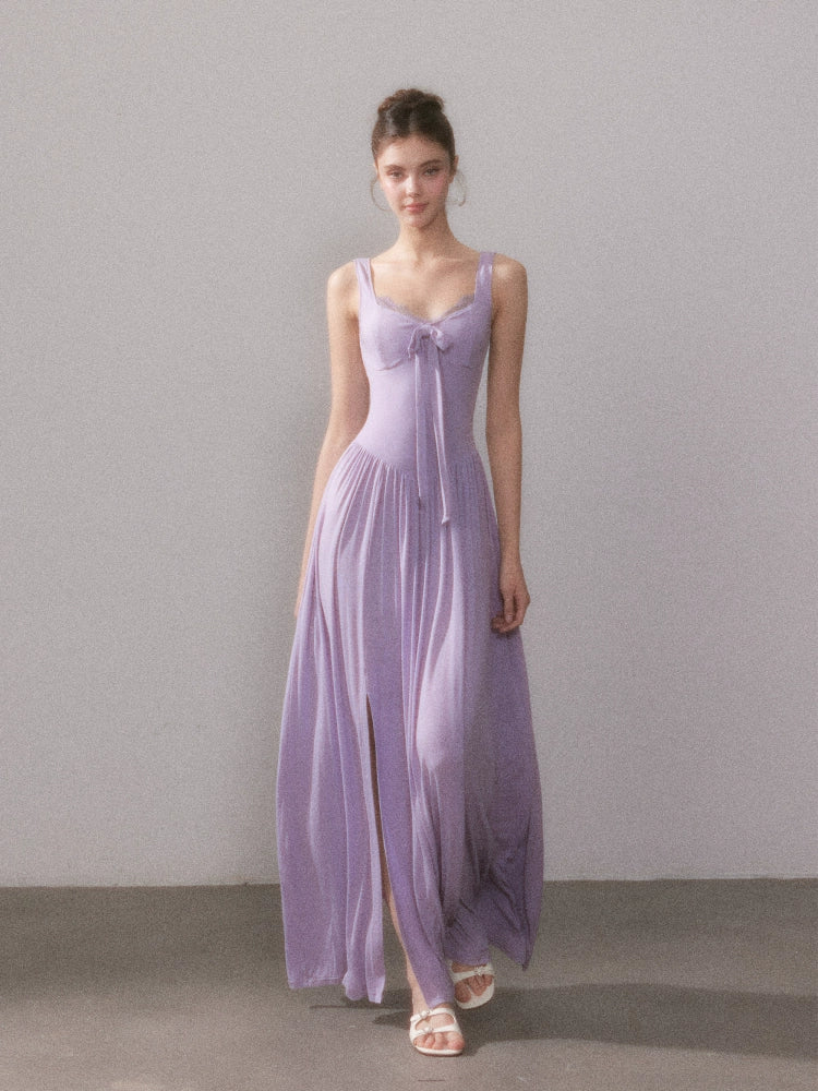 Lace Knit Spaghetti Strap Slit Long Dress - CHINASQUAD