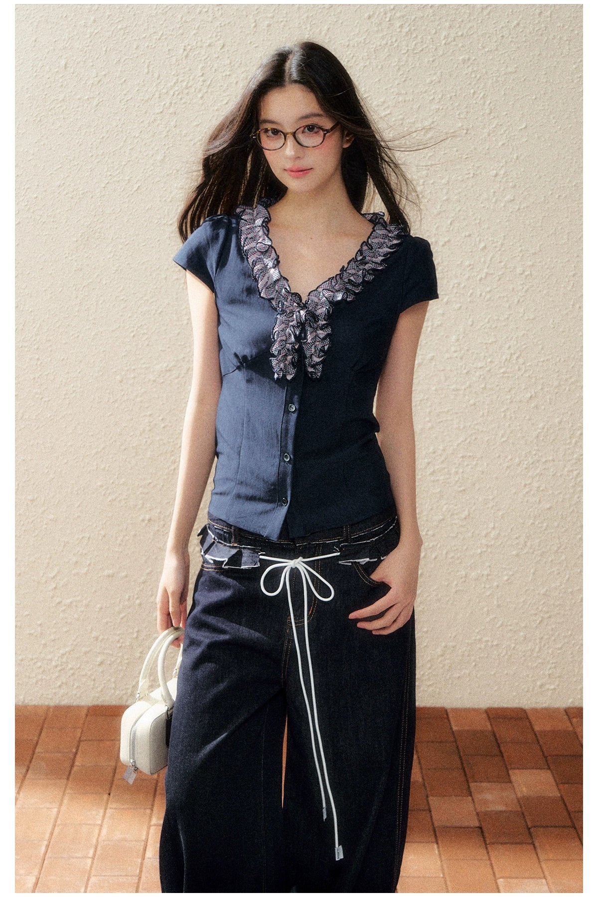 Navy Lace-Trim Knit Blouse - CHINASQUAD