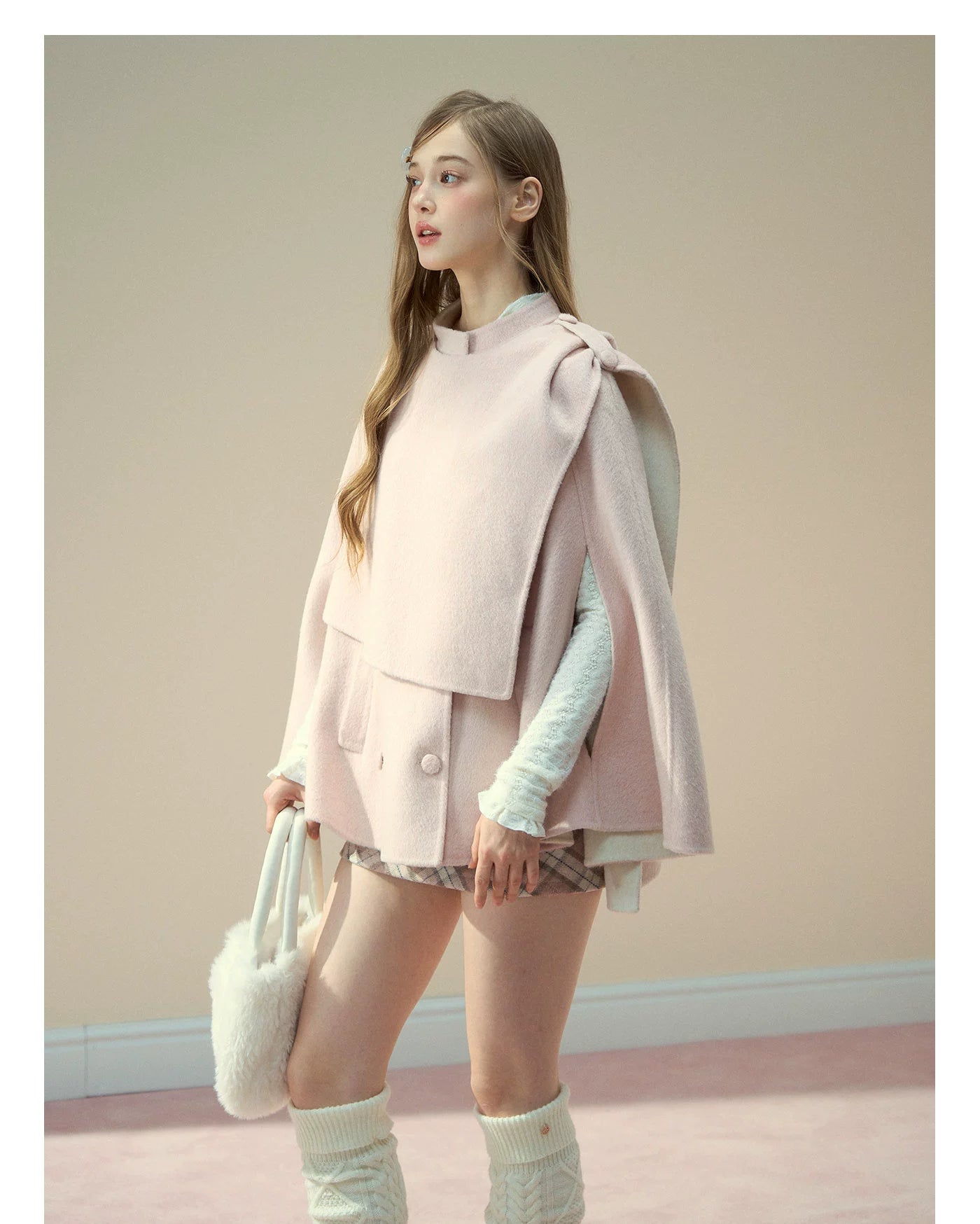 Wool Double-Faced Pink Cape Coat - CHINASQUAD