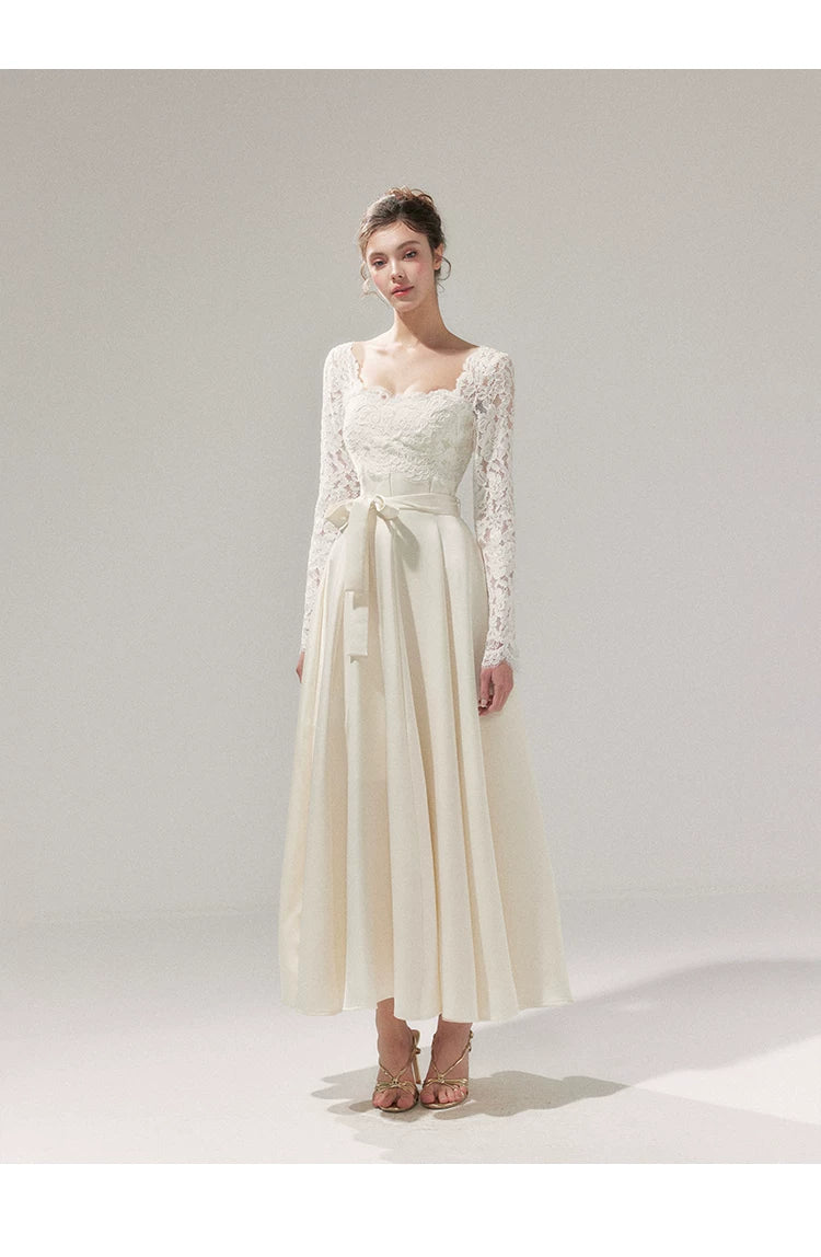 Lace Cinched-Waist Full-Skirt Evening Dress