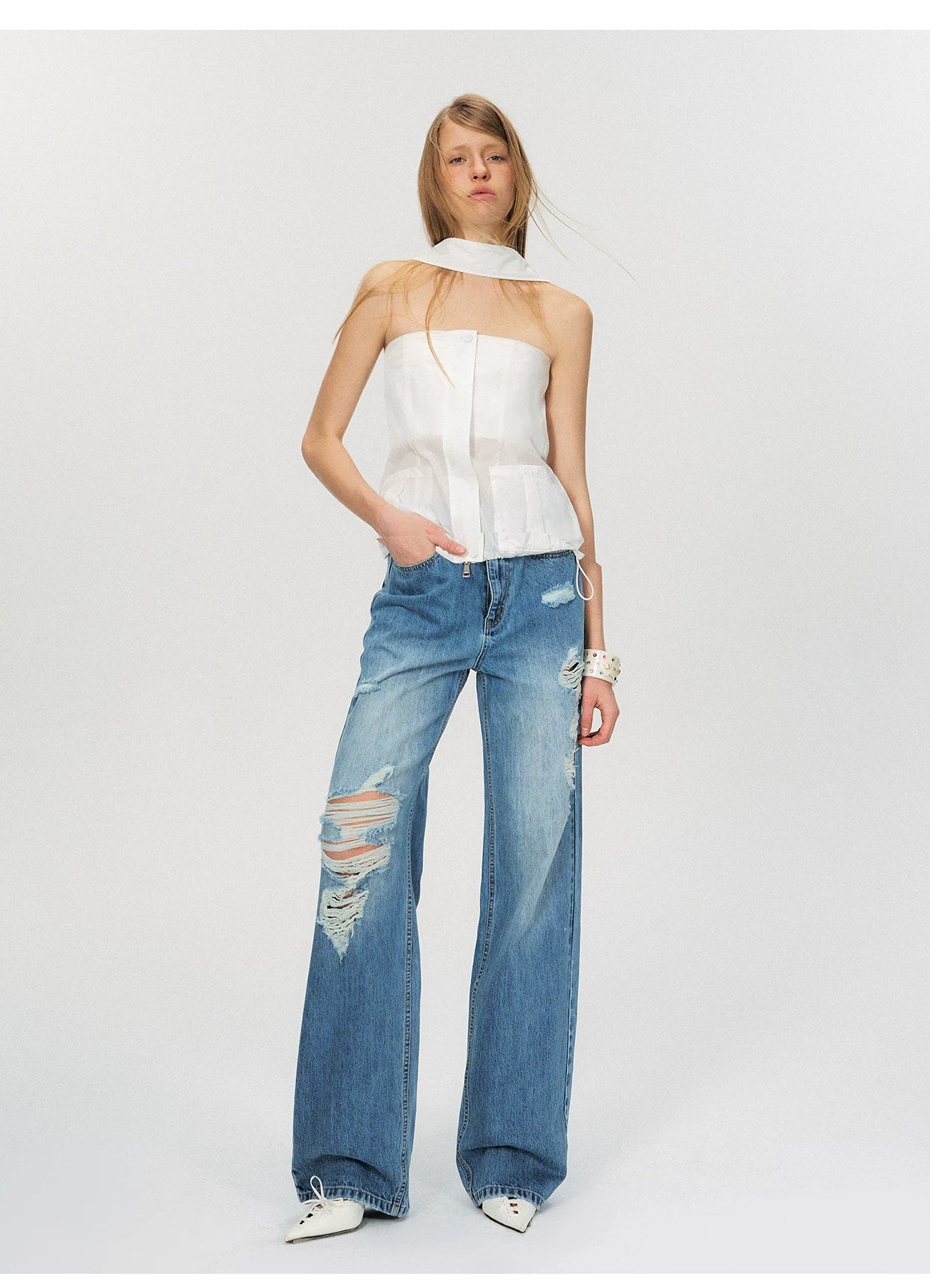 Sheer Utility-Inspired Strapless Peplum Top