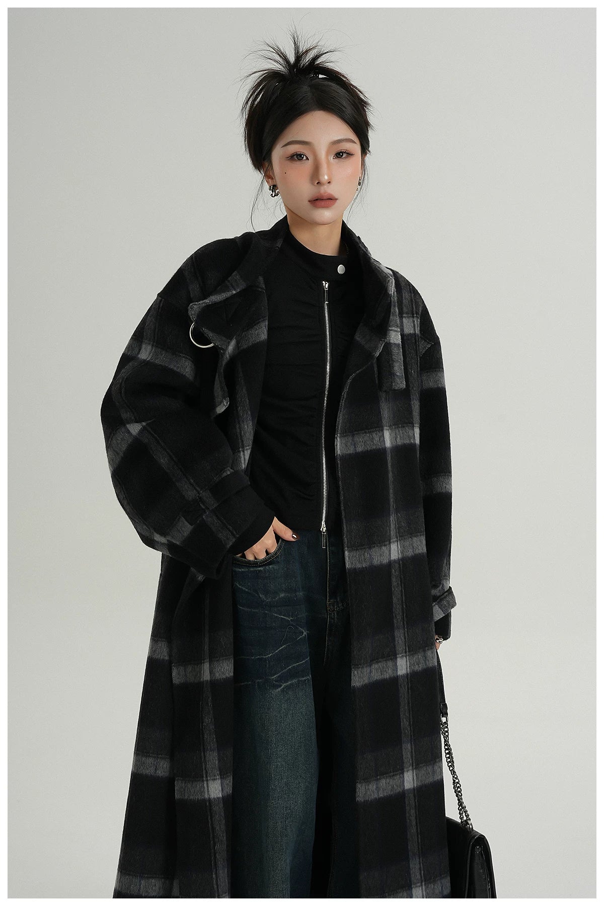 Plaid Stand-Collar Double-Faced Wool Coat