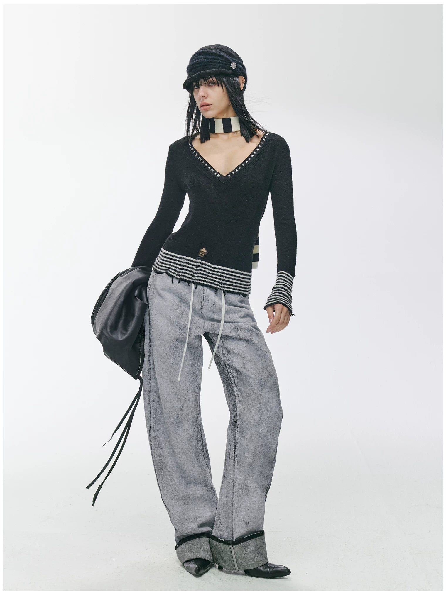 Striped Panel Slim-Fit Wool Knit Top