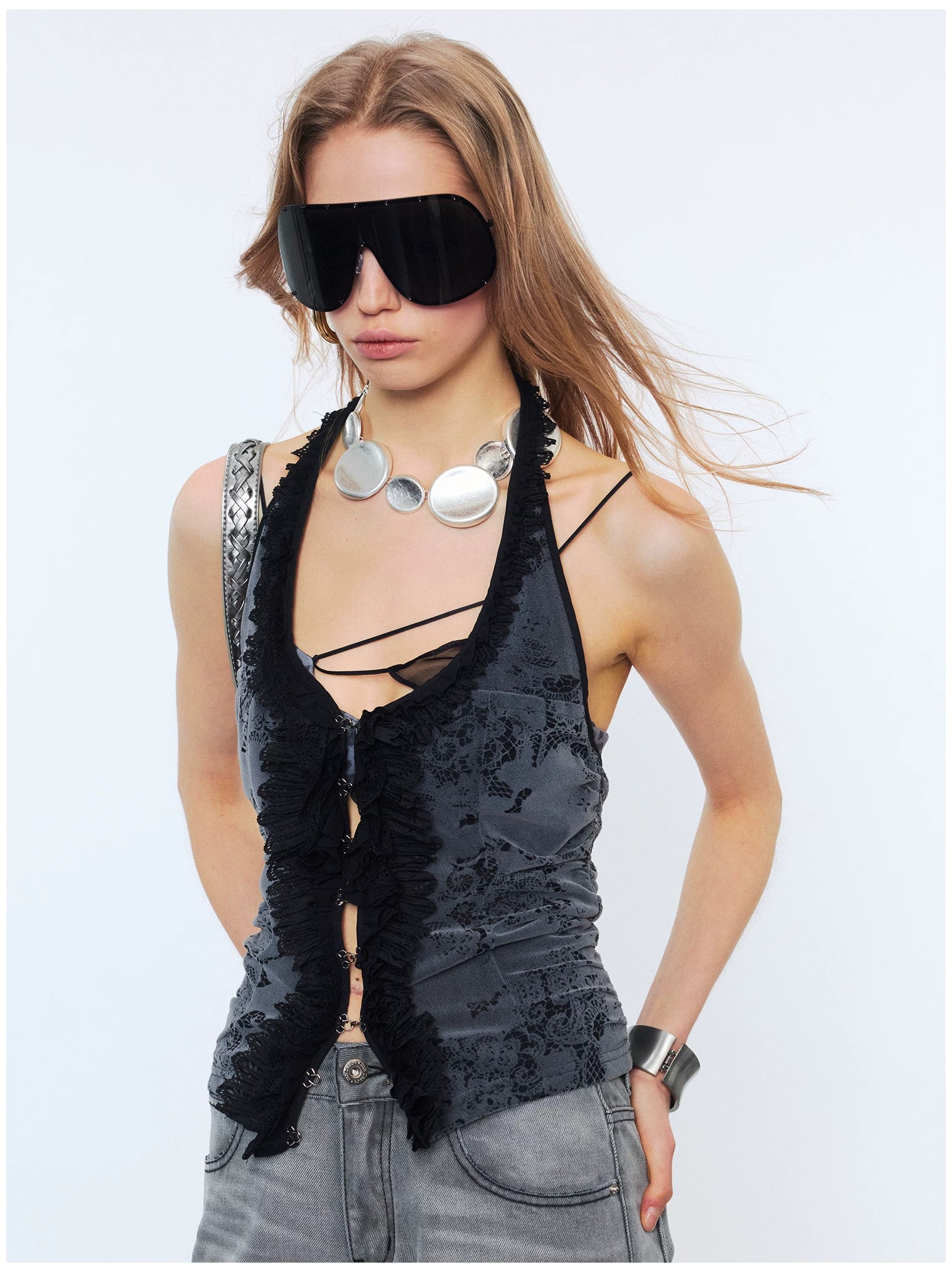 Lace Ruffle Floral Halterneck Camisole