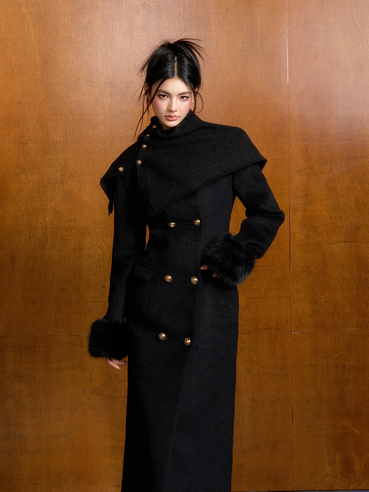 Detachable Fur Waist-Fitted Wool Coat & Scarf Set - CHINASQUAD