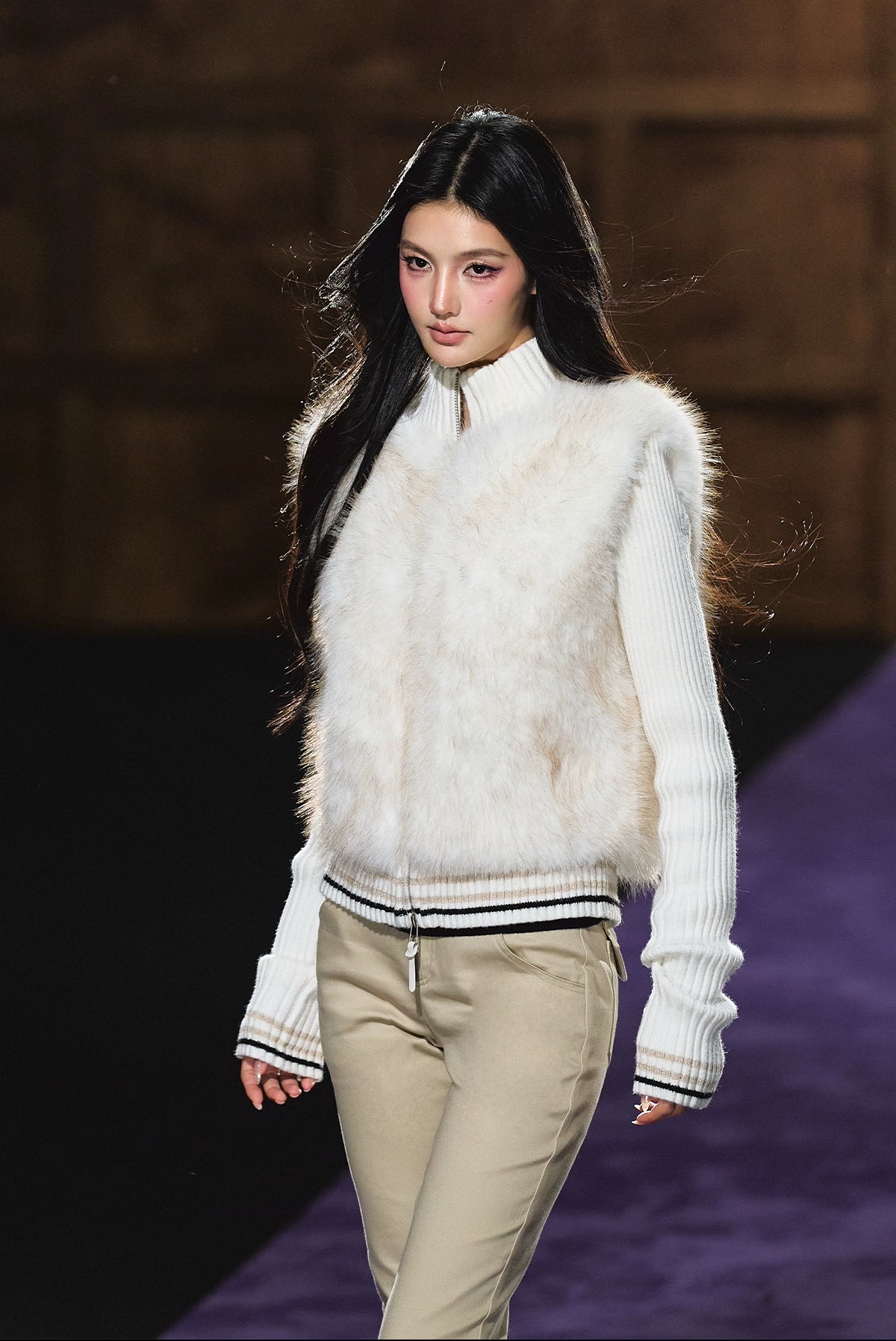 Faux Fur Knit-Panel Two-in-One Cardigan