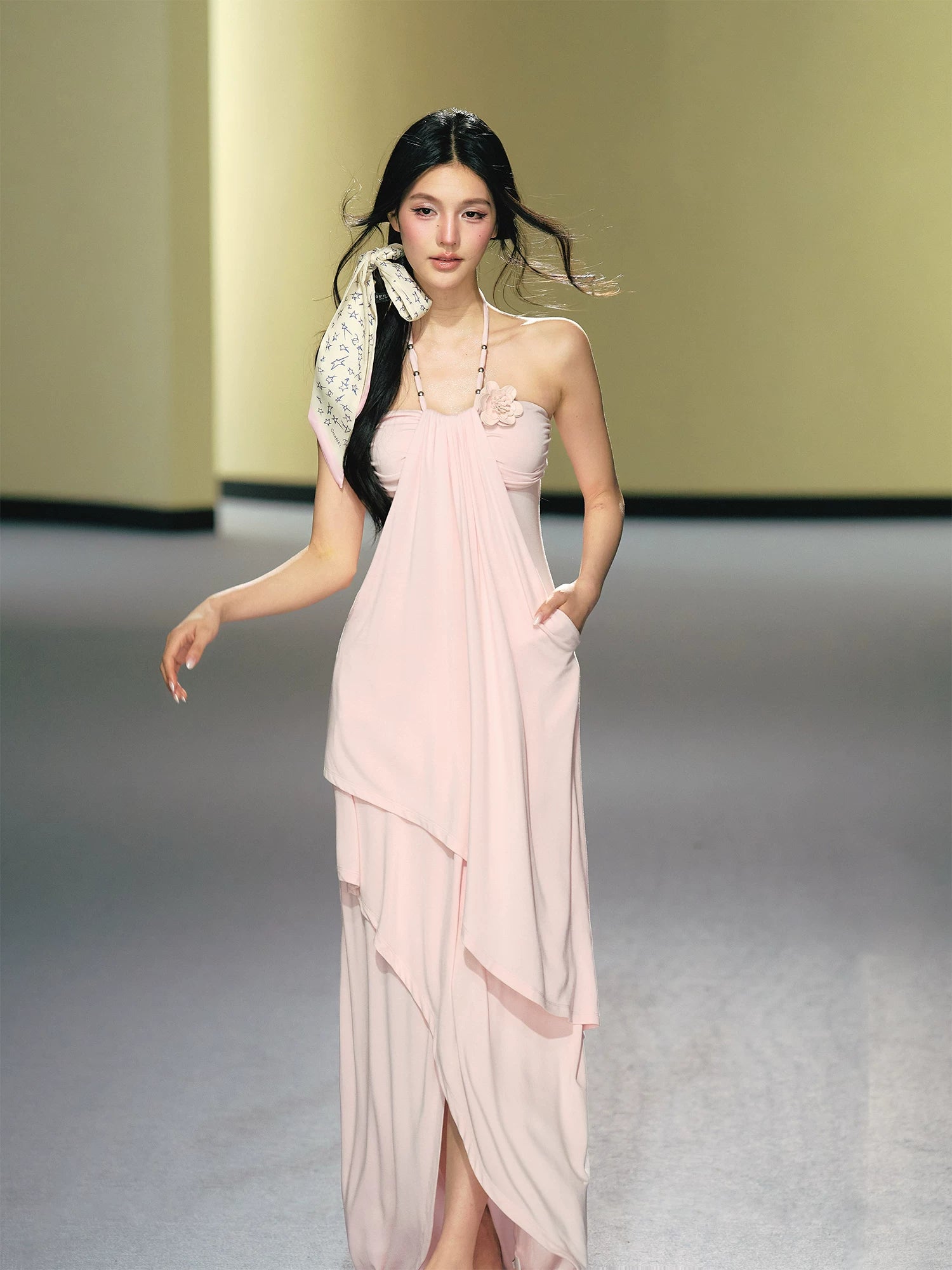 Blush Layered Halter Draped Maxi Dress
