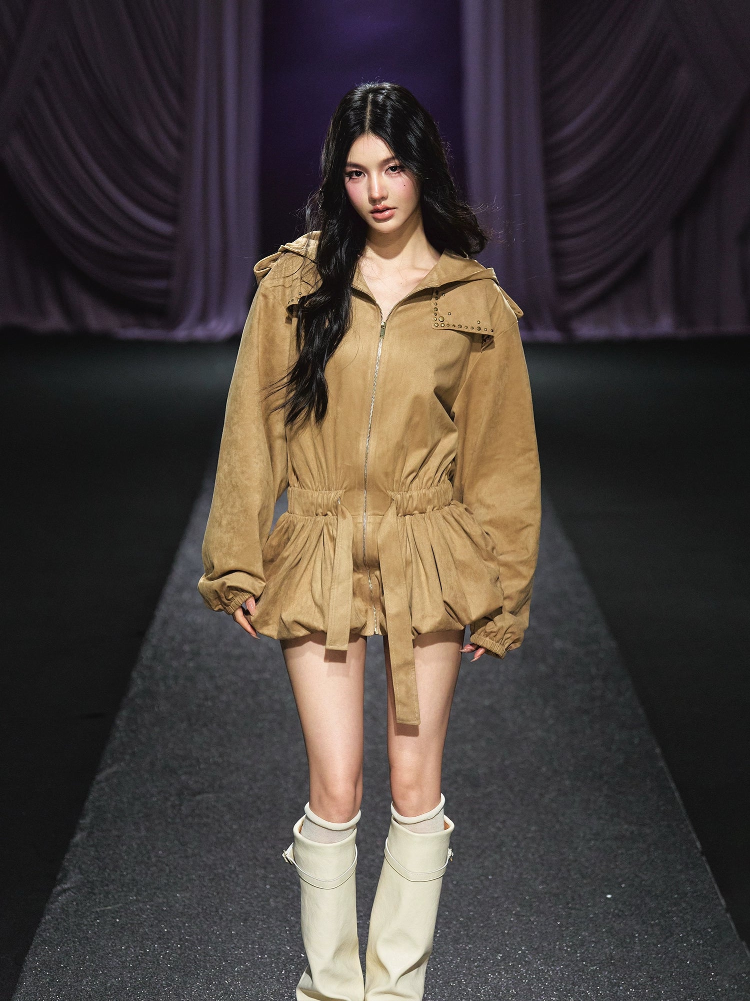 Studded Suede Hooded Trench Coat - CHINASQUAD