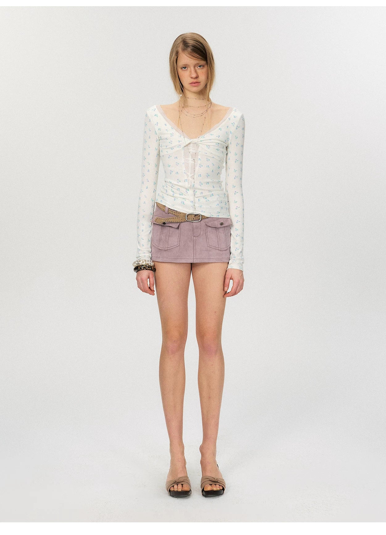 Twist-Front Mesh Panel Slim Fit Long Sleeve Top