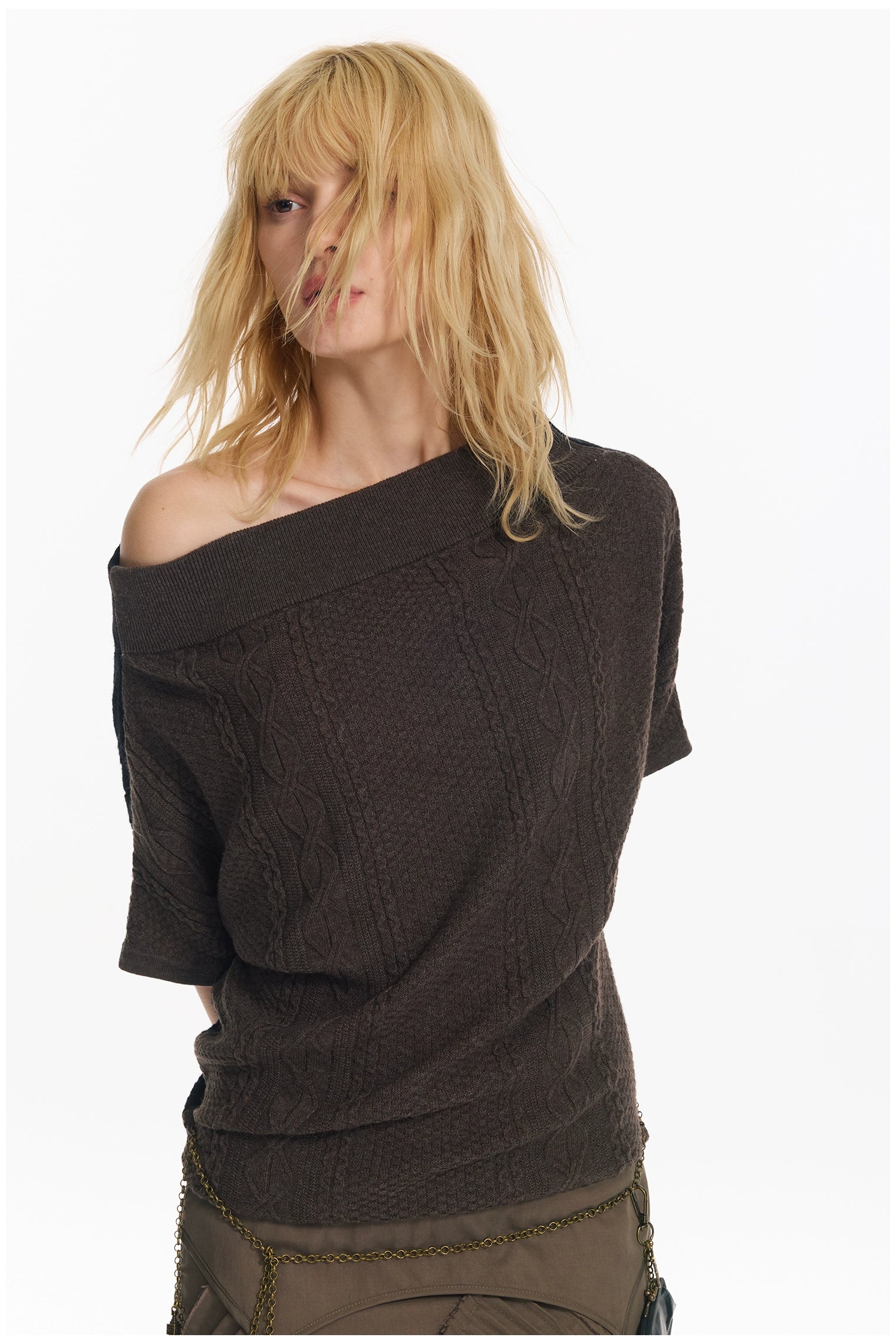 Diagonal Bat-Sleeve Knit Crewneck