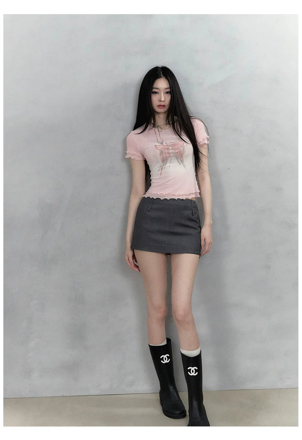 Pink & Black Bow Print Round Neck Short Sleeve - CHINASQUAD