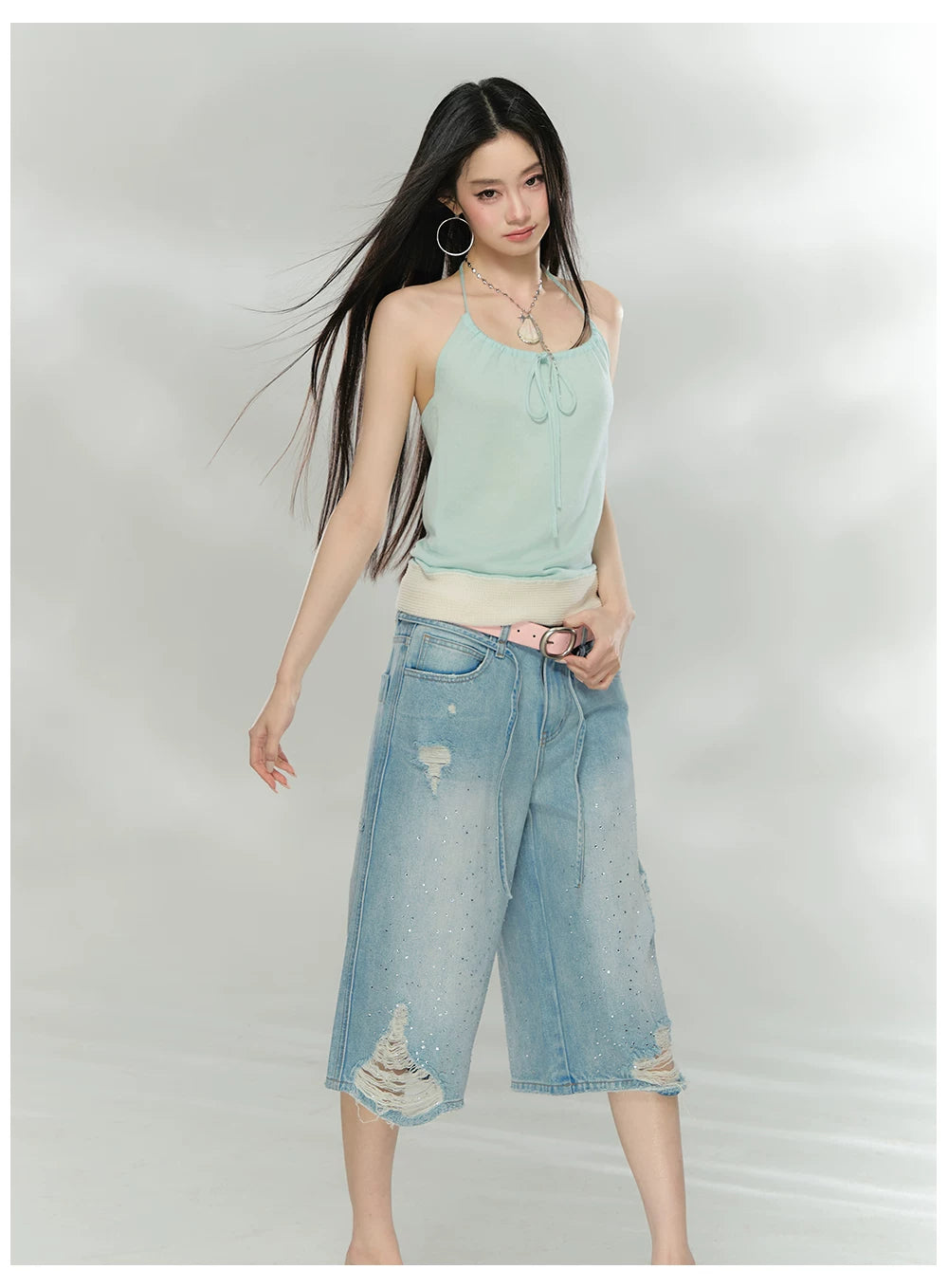 Crystal Distressed Cropped Straight-Leg Denim Jeans