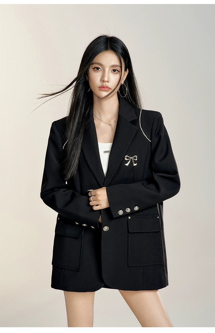 Black & Khaki Suit Collar Bow-tie Blazer - CHINASQUAD