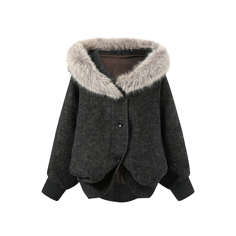 Fur Collar Wool-Blend Batwing Cape