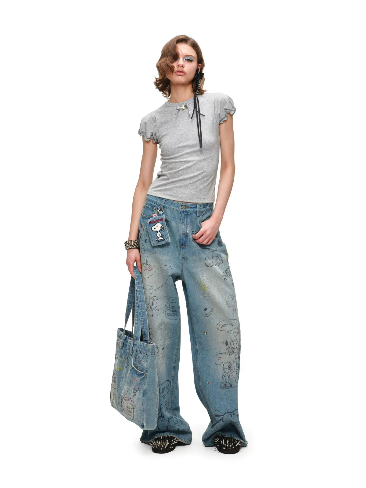 Snoopy Graffiti Crystal-Embellished Denim Tote Bag
