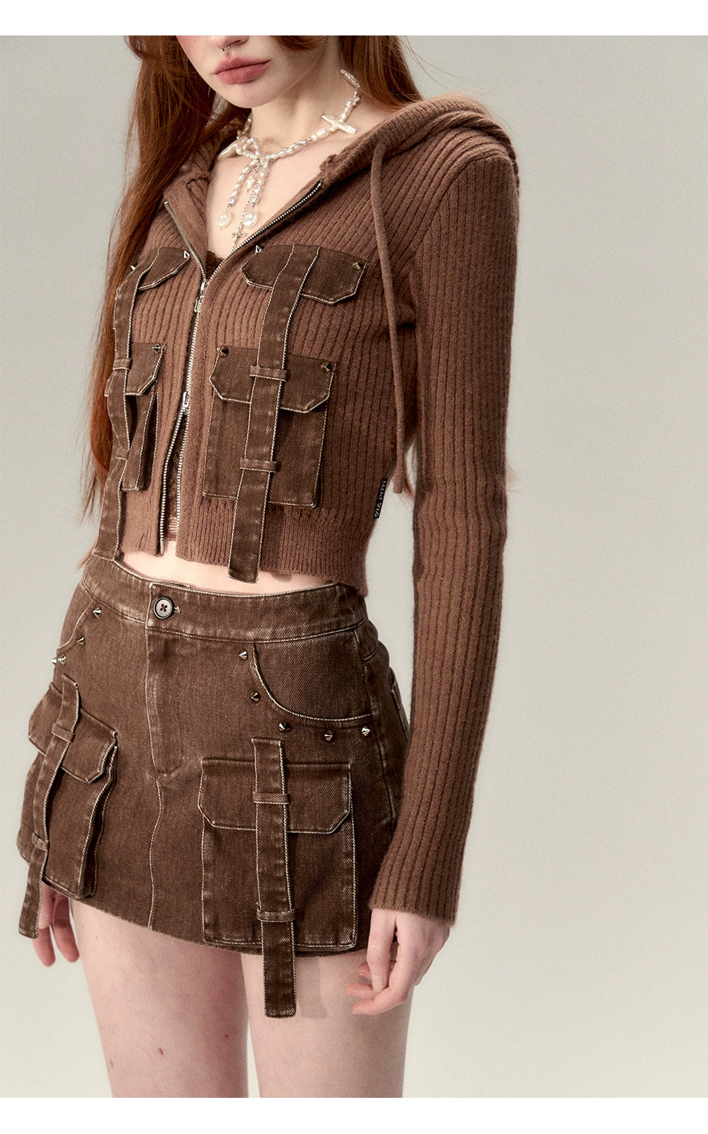 Coffee & Gray Patchwork Drawstring Hoodie - CHINASQUAD