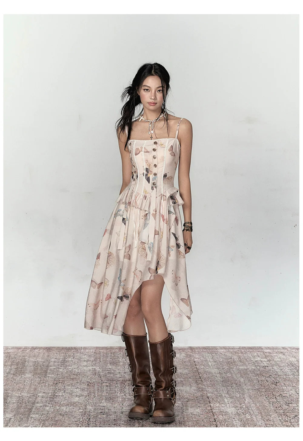 Butterfly Print Irregular Hem Dress - CHINASQUAD