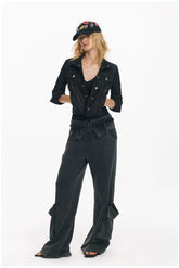 Cropped Stripe Stitch Denim Jacket & Skirt Set - CHINASQUAD