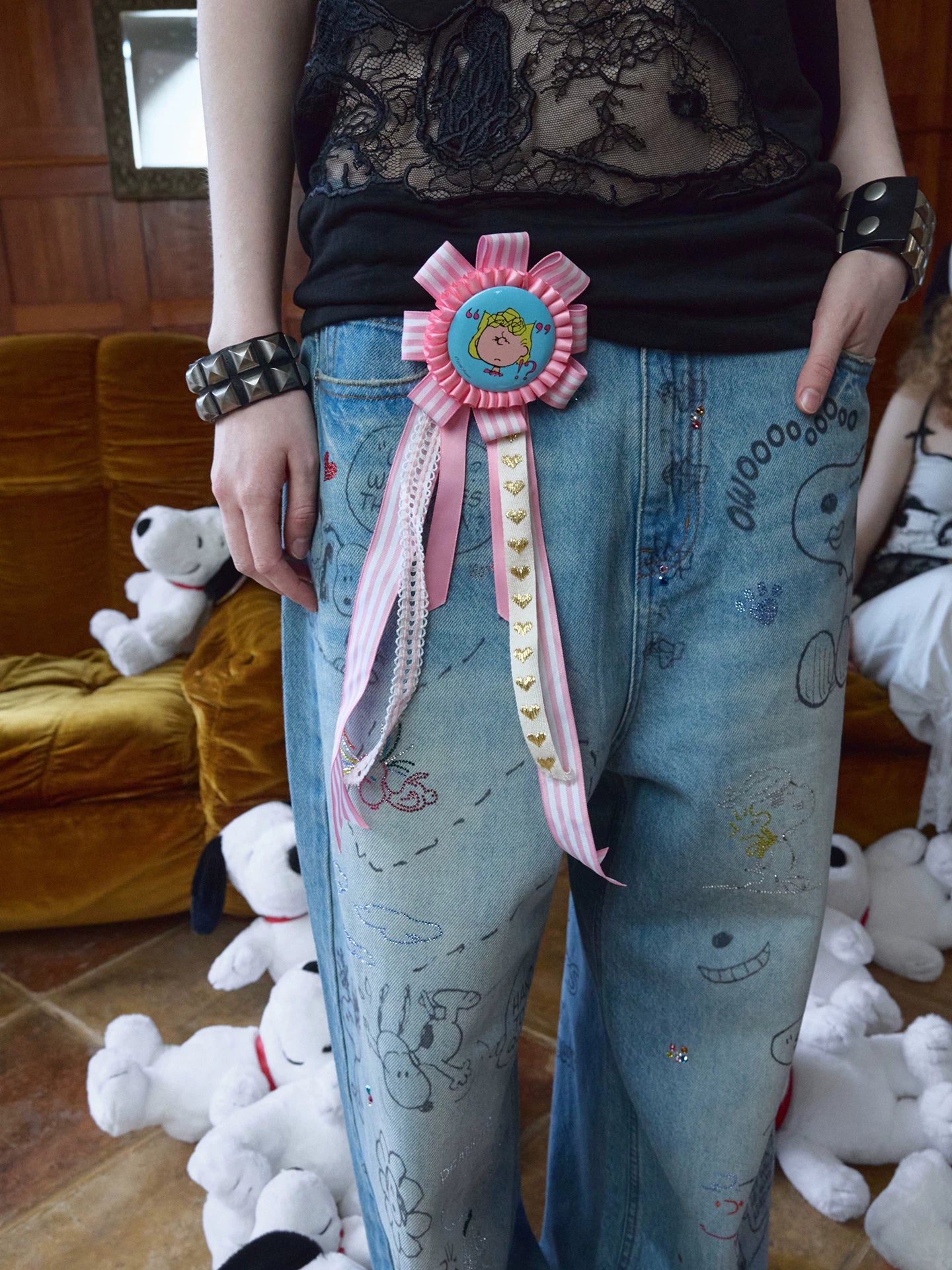 Snoopy Graffiti Crystal-Embellished Washed Denim Jeans