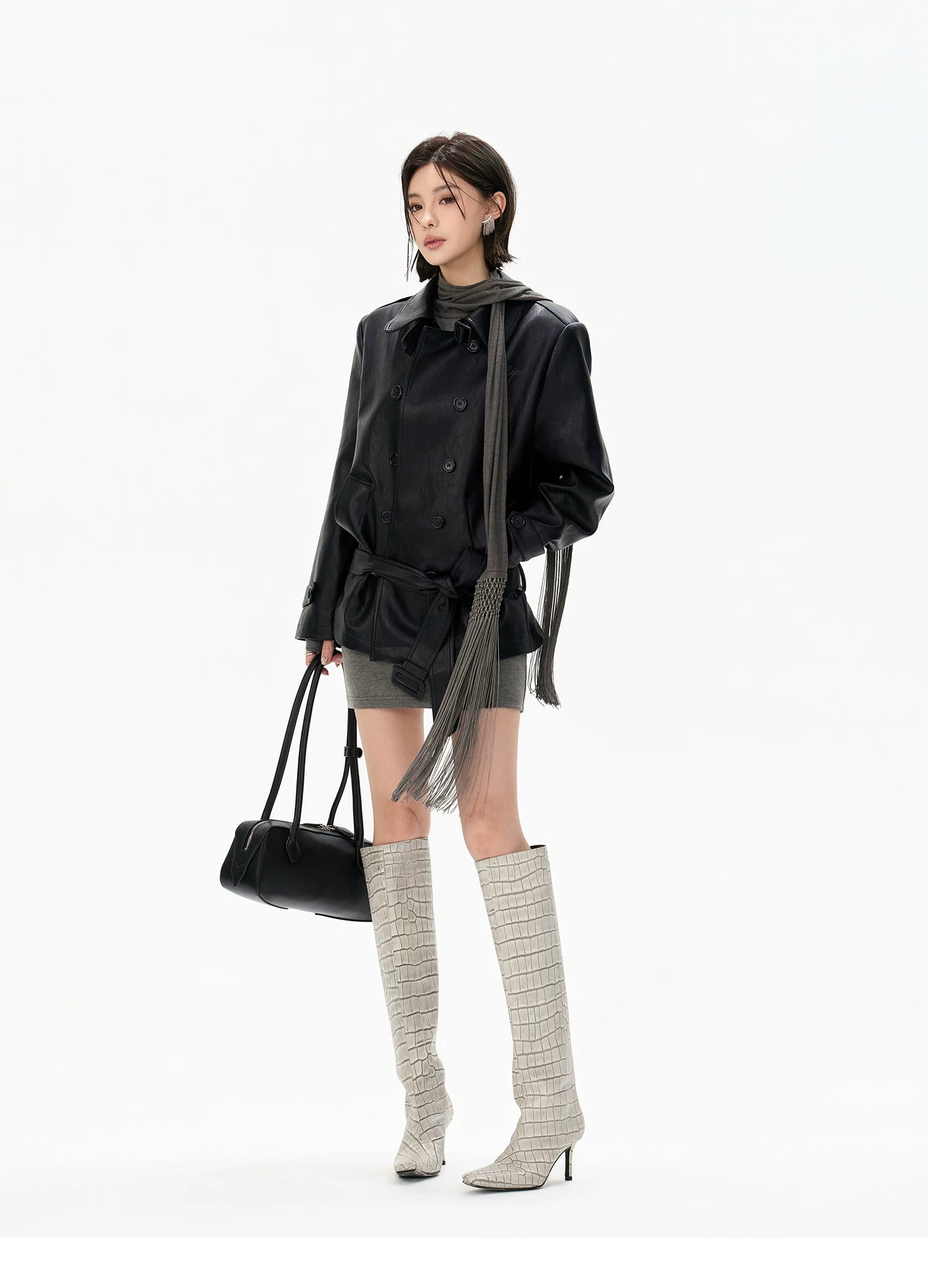 Minimalist Draped Turtleneck Knit Mini Dress with Tassel Ties