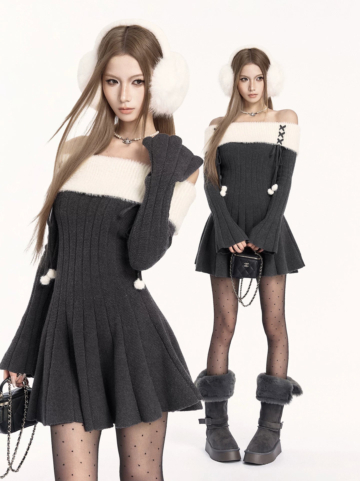 Off-Shoulder Knit Waist-Cinching Dress