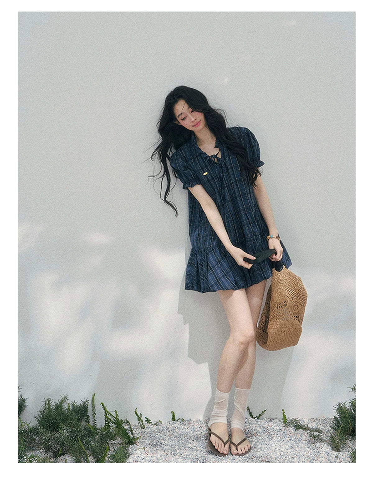 French Plaid Puff Sleeve Mini Dress