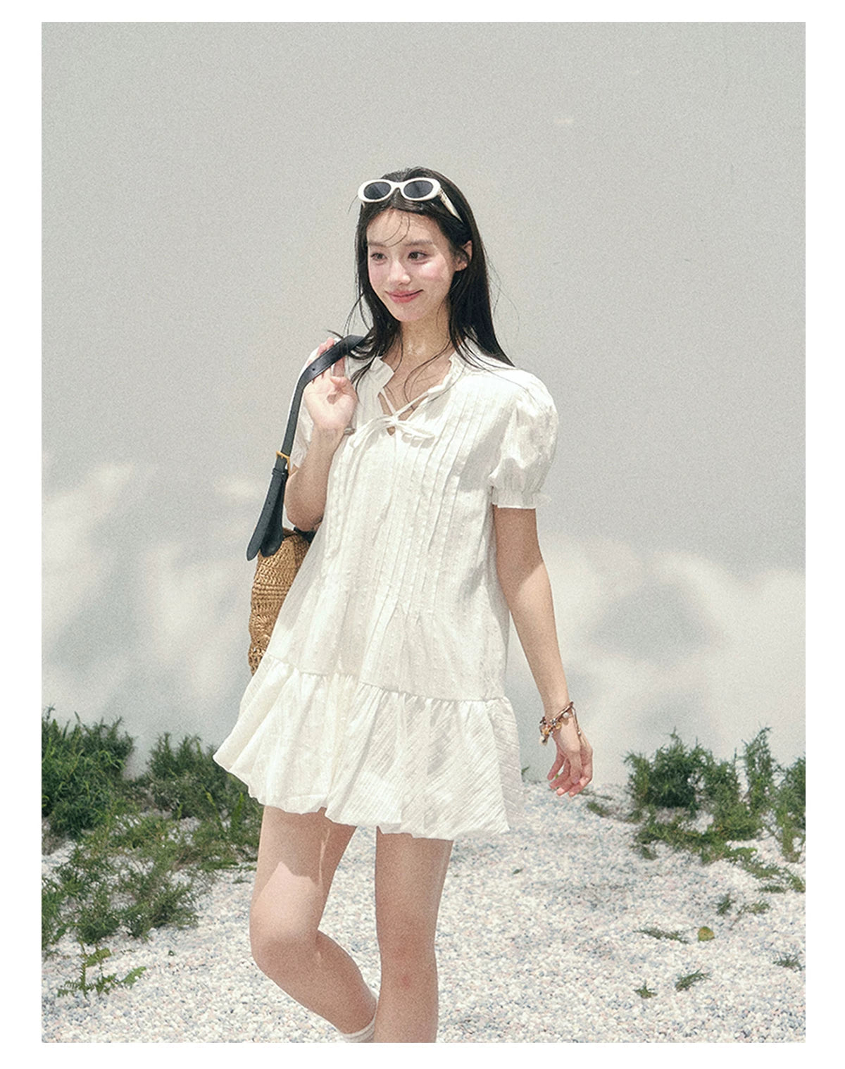 Soft Pleated Puff-Sleeve Mini Dress