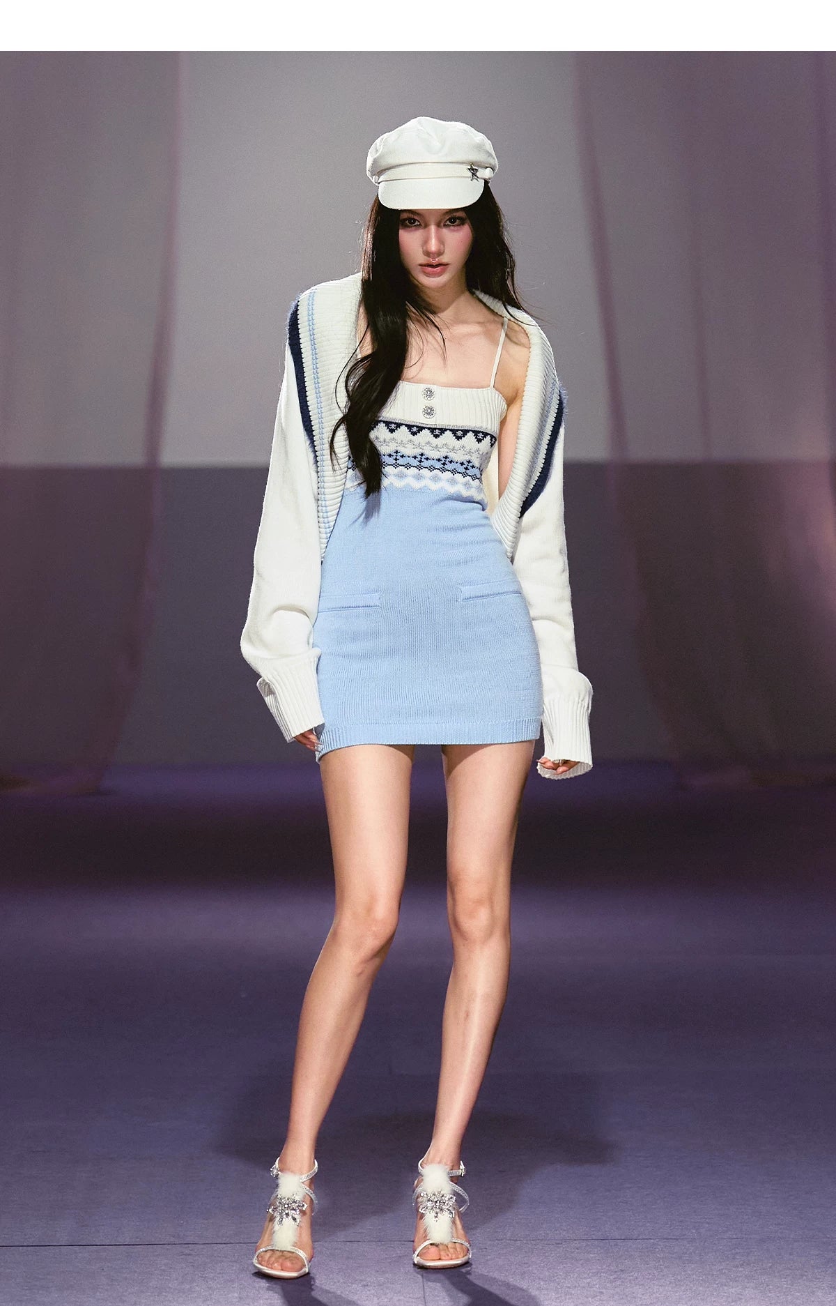 Asymmetrical Strap Top & Fair Isle Knit Cardigan Set