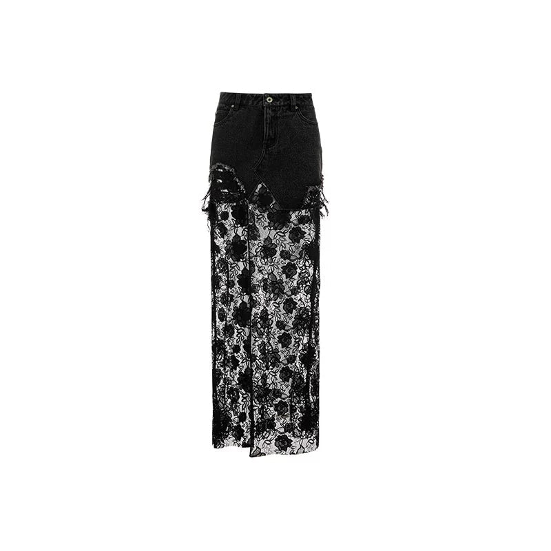 Black & Blue Lace Panel Denim Maxi Skirt FINAL SALE:1Jinn Studio