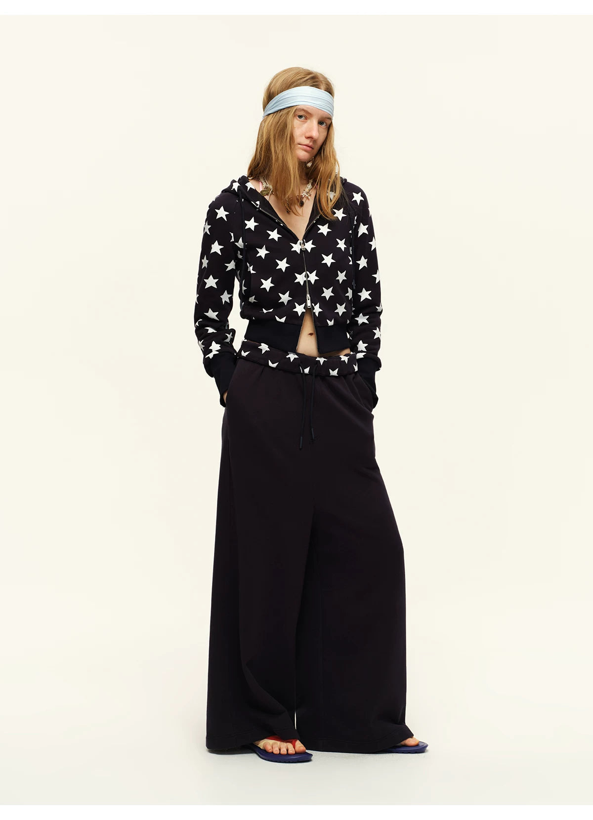 Double-Zip Star Print Cotton Hooded Jacket