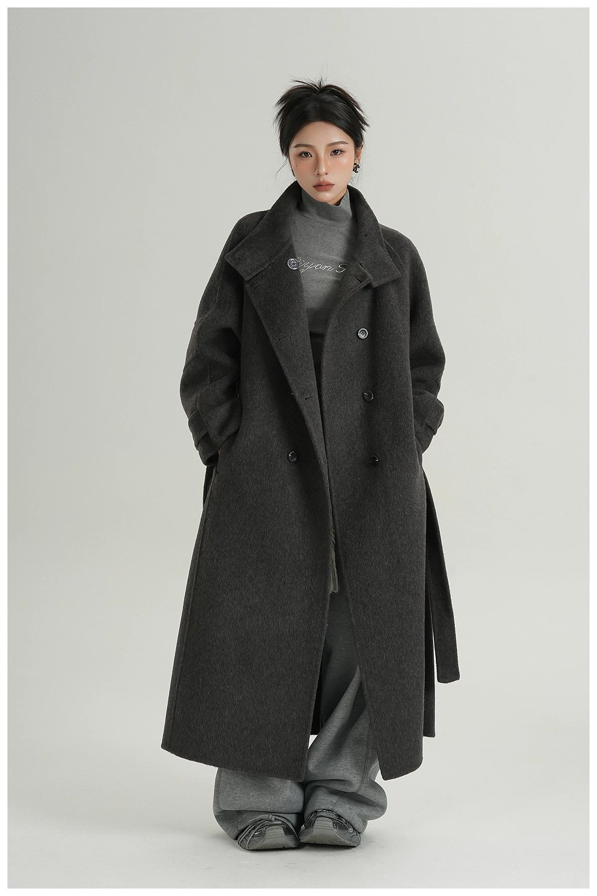 Stand-Collar Long Wool Coat