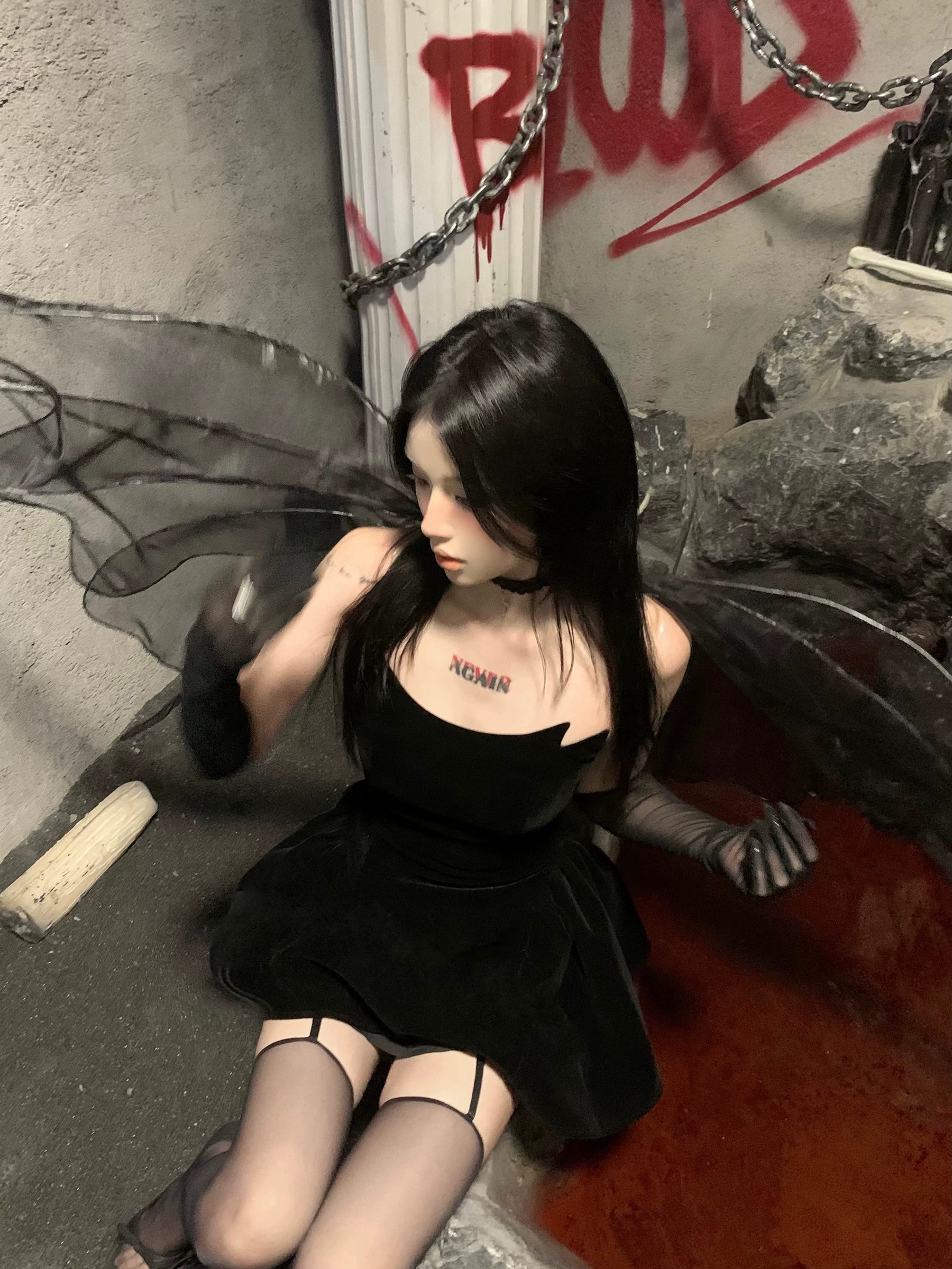 Devil’s Kiss Strapless Velvet Puff Dress