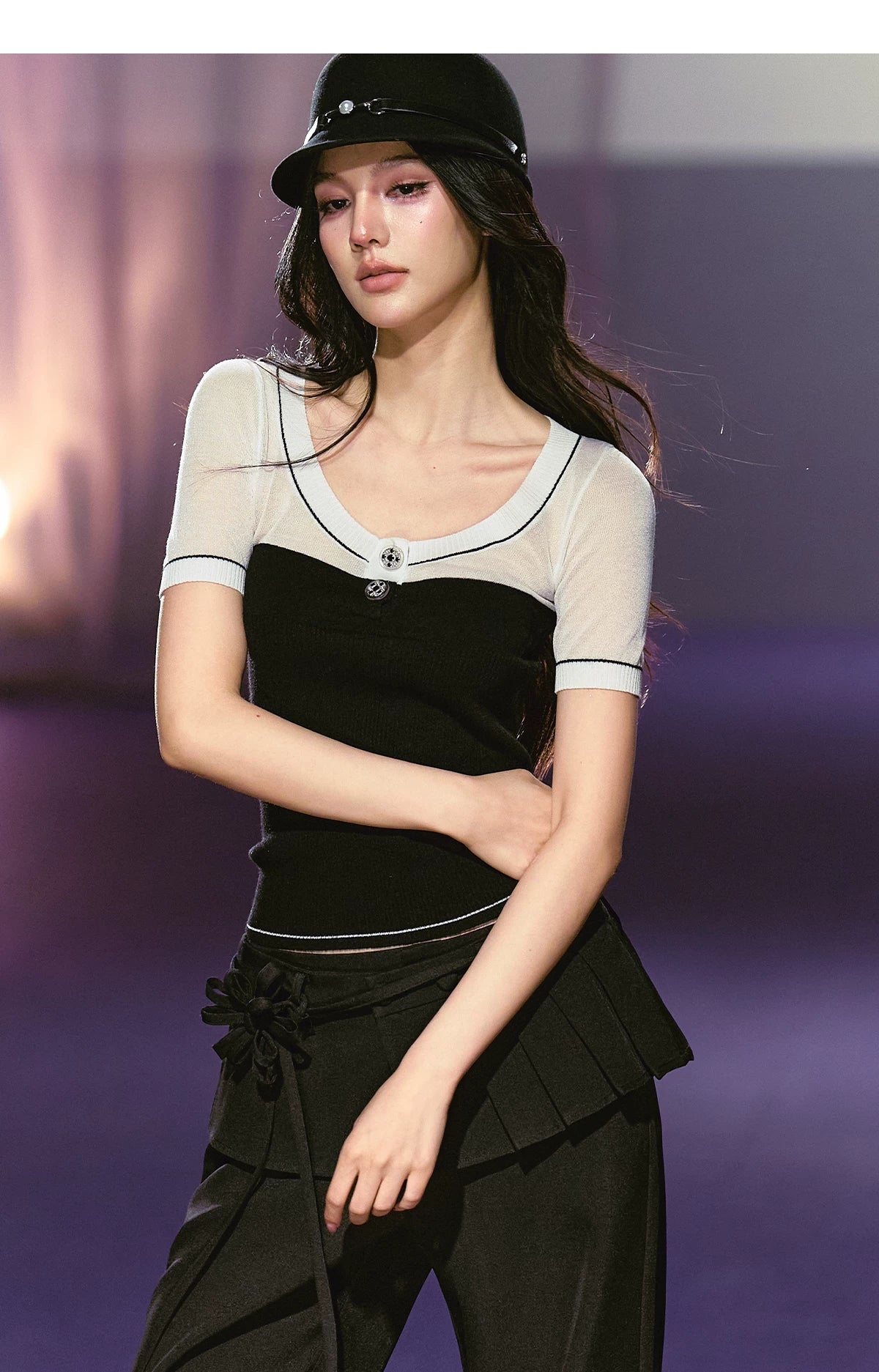 Semi-sheer Sparkly Color-block Short-sleeve Top