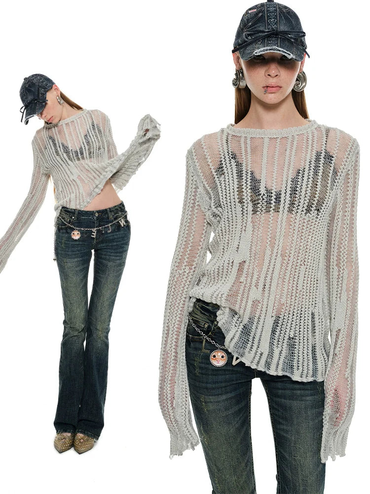 Black & Gray Hollow Knit Sweater - CHINASQUAD