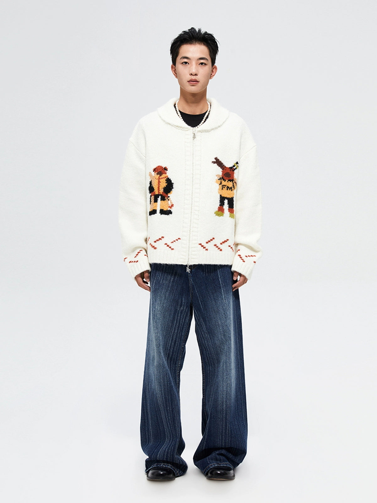 Nordic Skiing Bear Jacquard Christmas Collar Knit Cardigan - CHINASQUAD