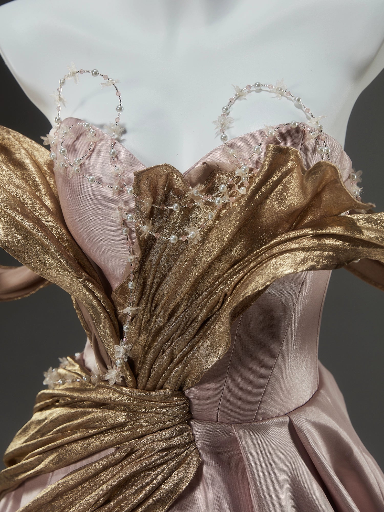 Stunning Elegance Off-Shoulder Gown with Golden Draping