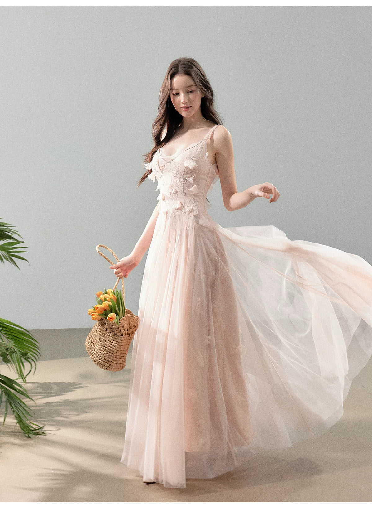 Peach Mist Floral Tulle Layered Slip Maxi Dress