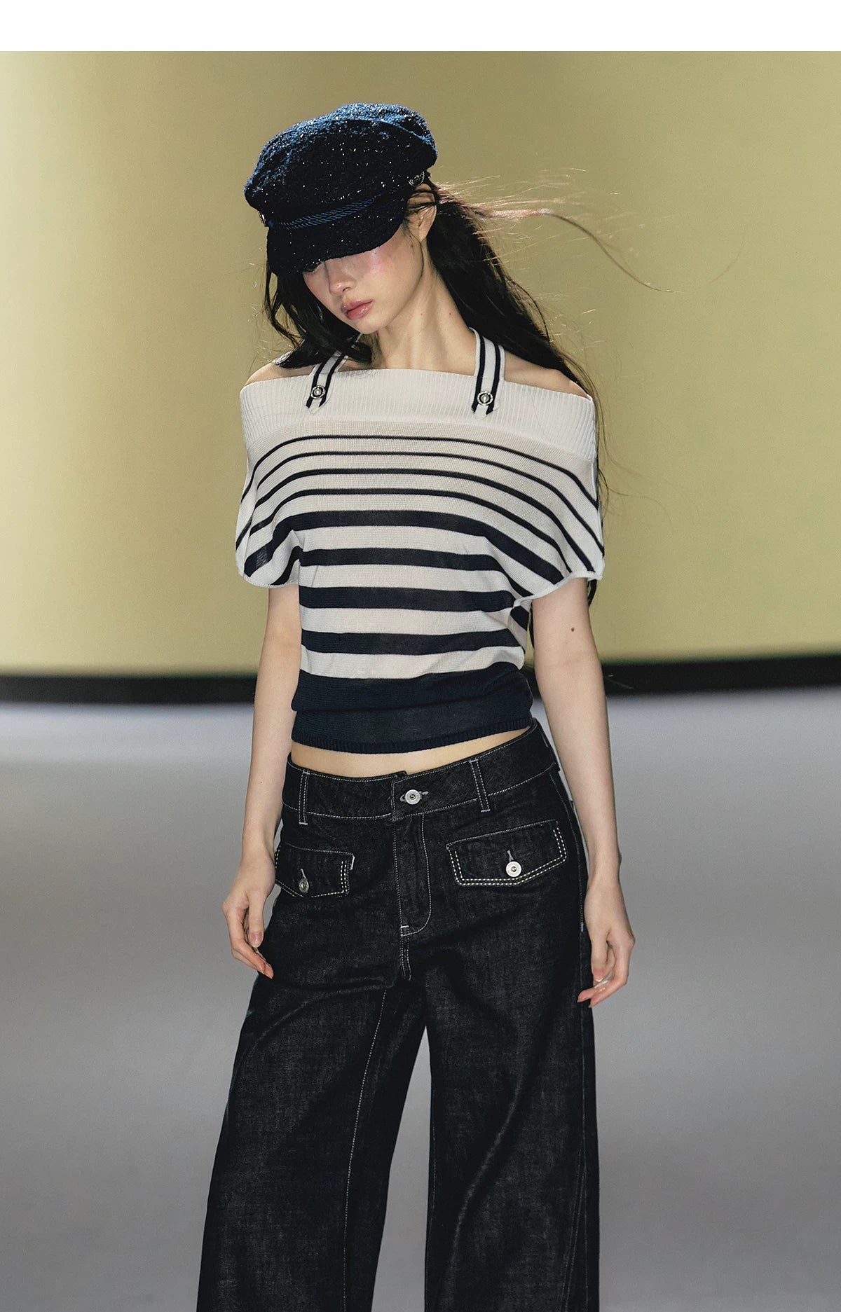 Nautical Stripe Off-Shoulder Halterneck Top